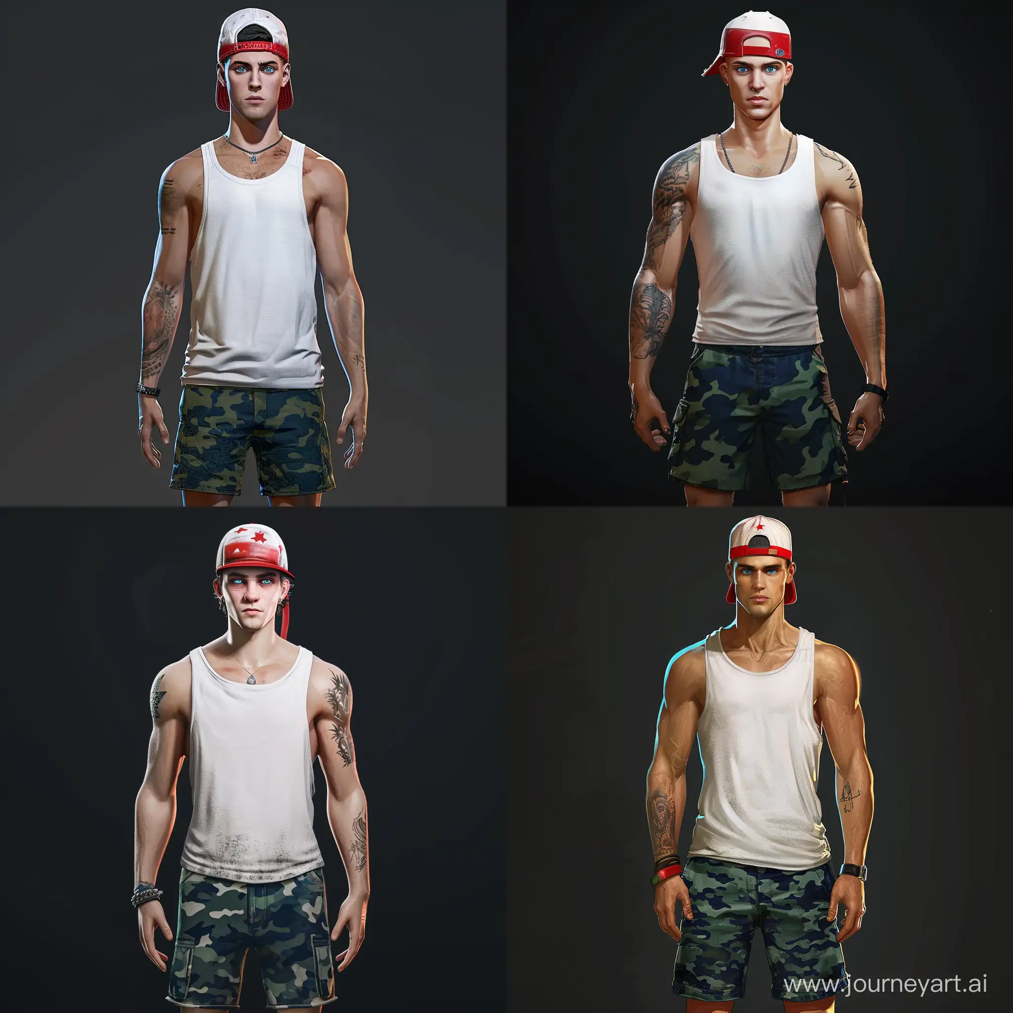 white male character with white tanktop, red and white backwards hat, dark camo greenish blue shorts, blue eyes, no tattoos, miami city --v 6 