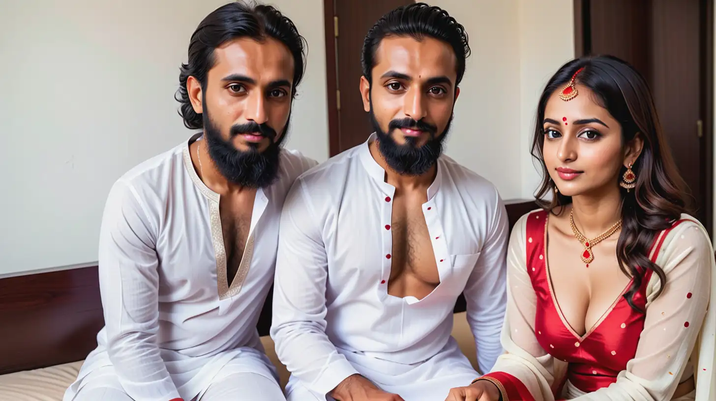 a fear colored American Muslim man with beard with typical turkish face wearing  white color shalwar kameez. Adultery. A sexy Indian married Hindu woman with red dot on over her forehead wearing a Topless black color saree showing cleavage is sitting with him