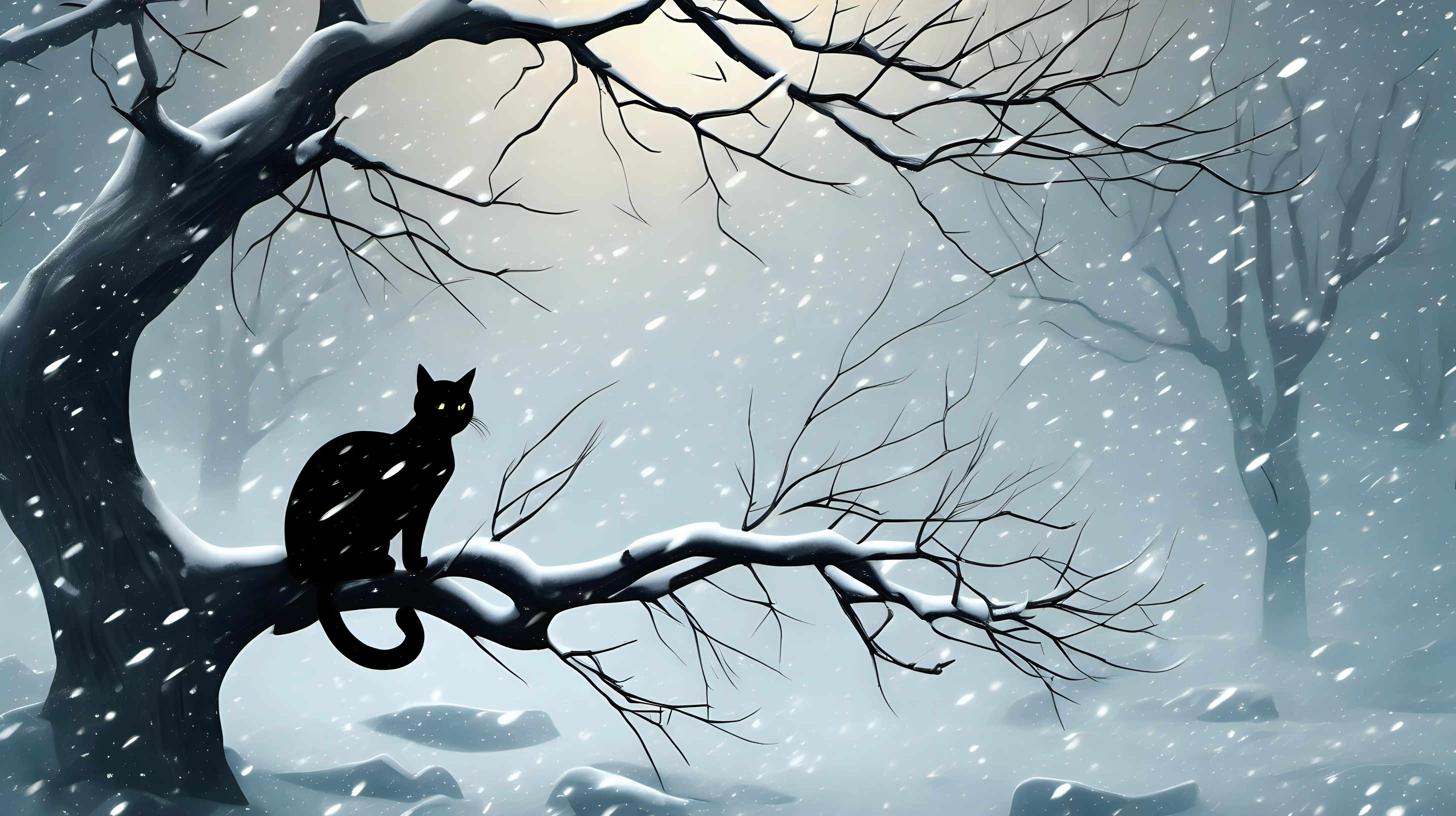 "Design a somber scene of a cat sitting on a branch of a leafless tree in winter, with snowflakes falling gently around, capturing the essence of solitude in the cold season."