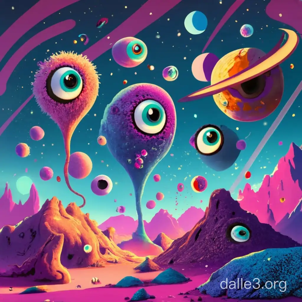 Colourful aliens on a rocky planet with lots of eyes, craters, dark, galaxy, planets, stars, colourful, 