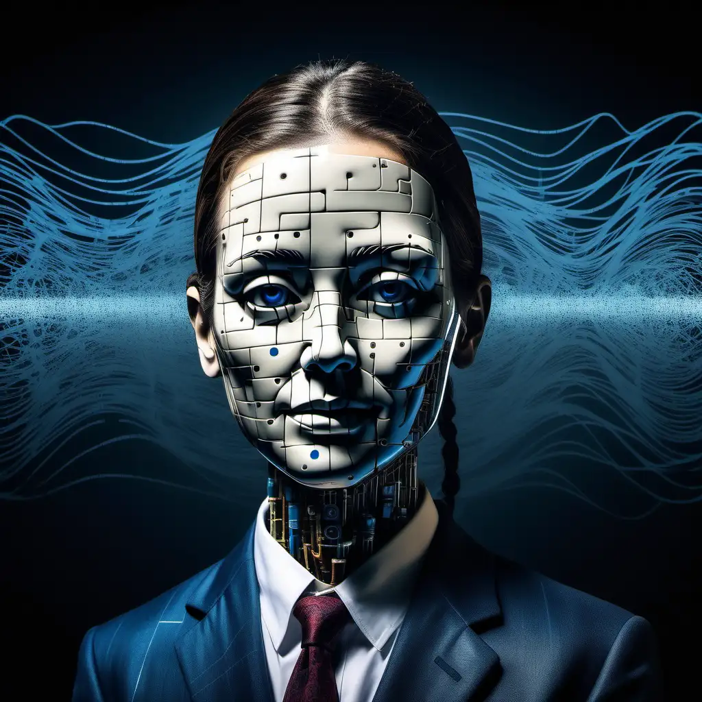 Banksy professional photo with slight reflection. dark background. dark blue high tech waves of neural network in bottom and double exposure 50 old human head half robot half human westworld style uhd 8k realistic detailed bit of matrix style 