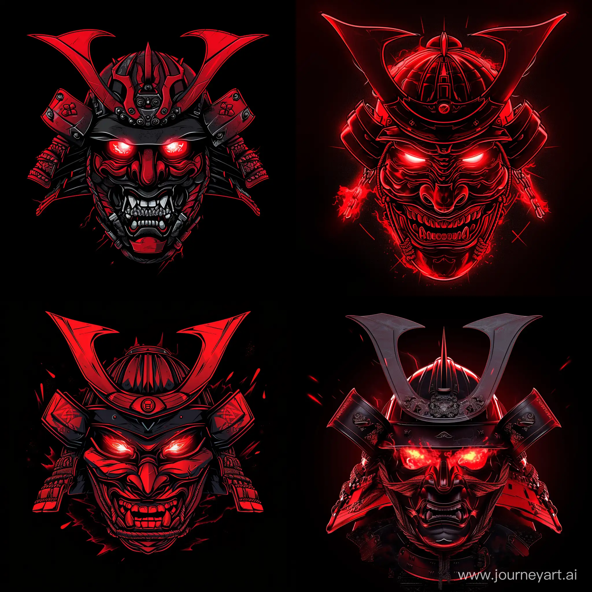 red cyber samurai head with red burning eyes, in hannya mask