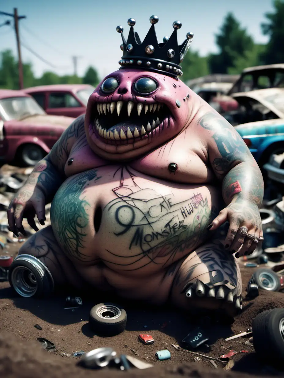 /imagine an highly realistic photo of a gigantic fleshy cute cuddly chubby monster covered in scars, tattoos, and piercings. The monster has one eye made of broken glass, and is wearing a crown made of old car air fresheners, hub caps, and hula dashboard dolls. The monster sits on the dirt floor in  the middle of a junk yard, surrounded by extremely tall hills of old decayed cars. Highly detailed, very realistic. photorealistic.