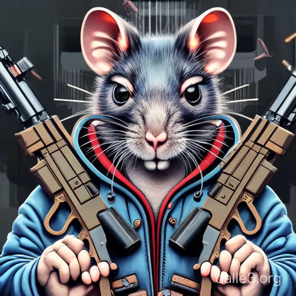 a photorealistic gamer rat holding two guns