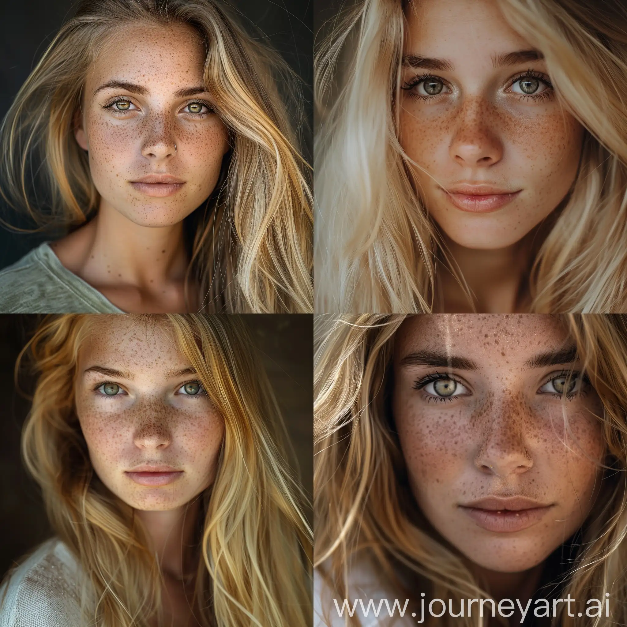 Young woman with long blonde hair. Hazel eyes, and soft freckles