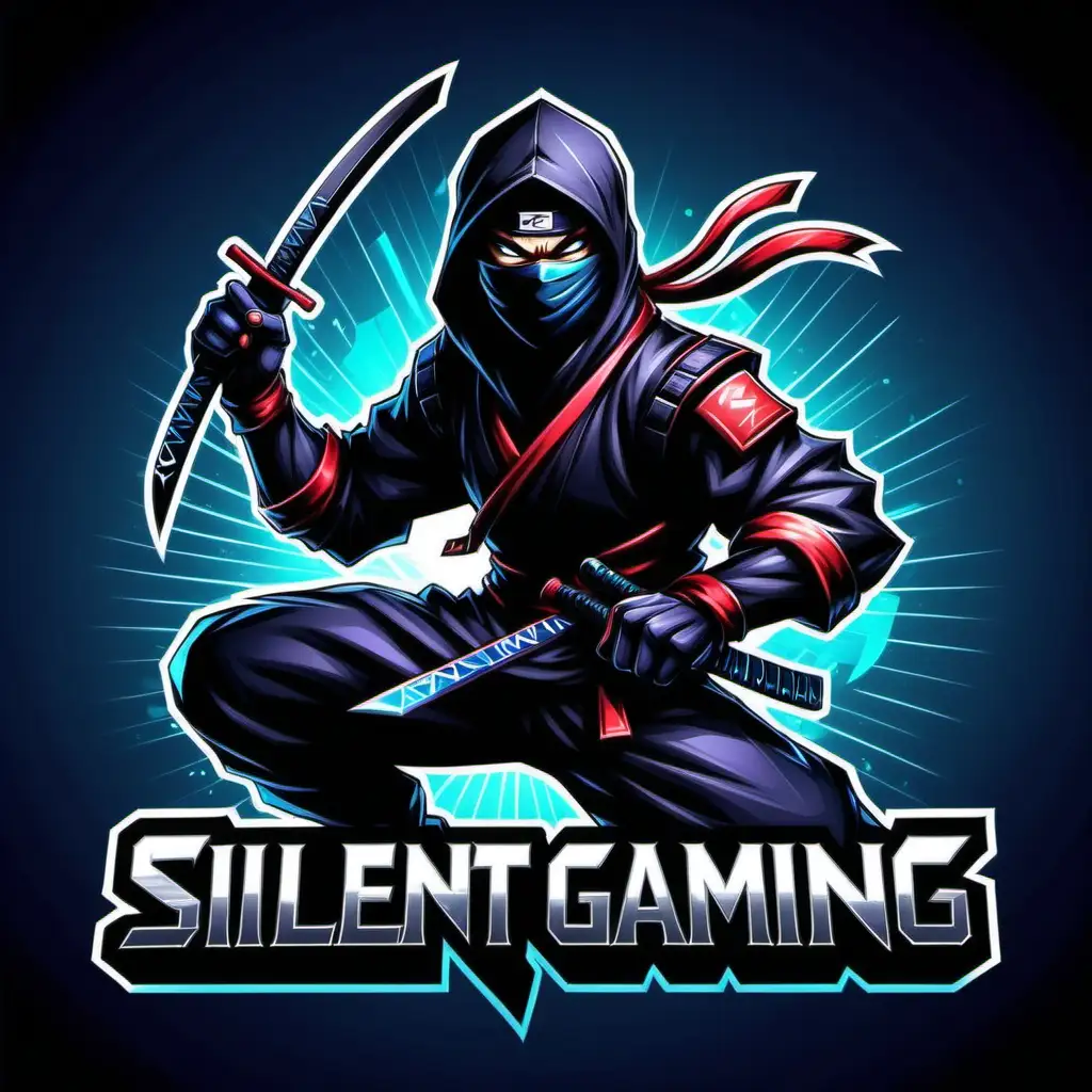 "Generate a logo for 'Silent Gaming': Sleek ninja character in a dynamic pose with gaming equipment, paired with modern text, using dark hues with vibrant accents.