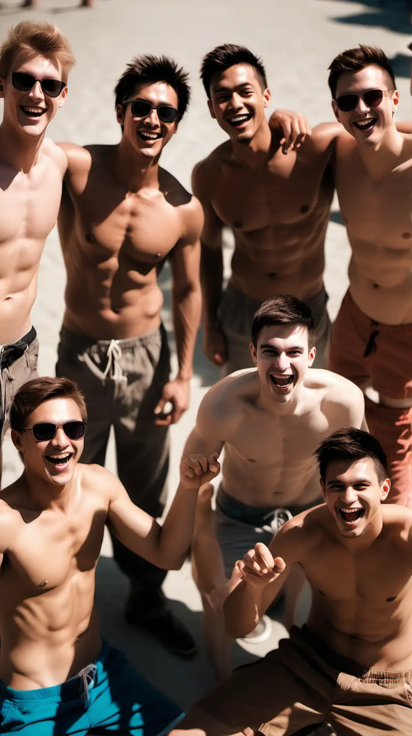 propmtt an energetic and spontaneous scene /imagine a group of shirtless guys hanging out. Set the camera to capture a candid moment, adjusting the settings to enhance the dynamic atmosphere. Experiment with lighting to create a sun-kissed, natural feel. Emphasize the camaraderie and fun with authentic expressions, diverse poses, and a vibrant background. Ensure the generated image reflects a sense of carefree joy and camaraderie among the group. Play with colors and shadows to enhance the overall lively and engaging vibe of this shirtless hangout scene  --ar 9:16 --v 6 --style raw