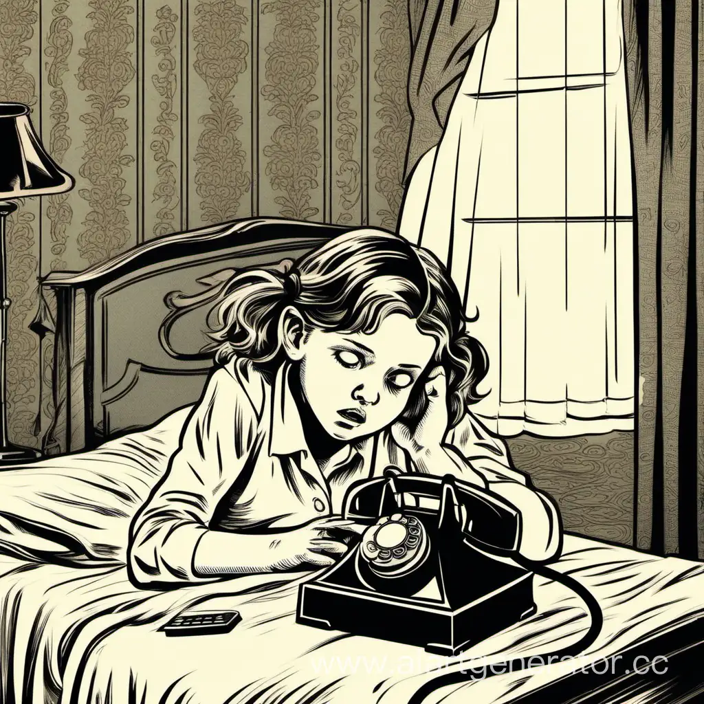 девушка неохото встает со скрипящей кровати, и она тянется за звонящем телефоном который лежить на столе