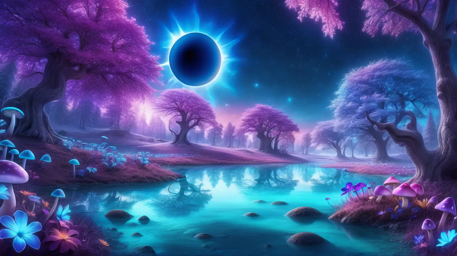 Total solar eclipse in sky with Forest of Bright royal-purple and blue big, flower trees, purple, pink surrounded in turquoise dust. Bright-blue-river. Daylight, 8k, fairytale-glow-in-the-dark mushrooms, glowing. Magical, fantasy and potions and florescent ice and bookshelf