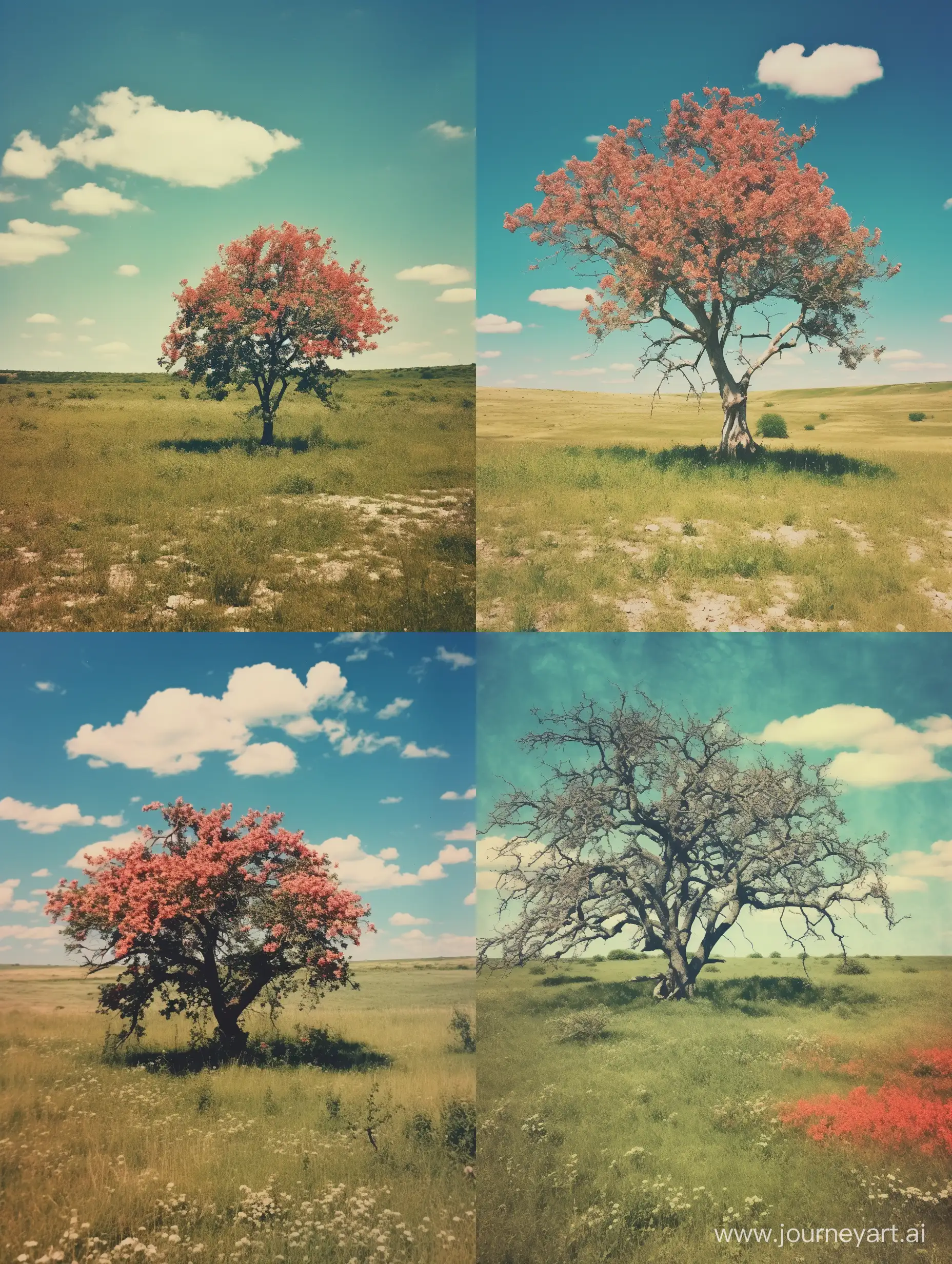 A detail of a blosson tree in the middle of a green field, blue sky, warm color palette, autochrome style, vintage