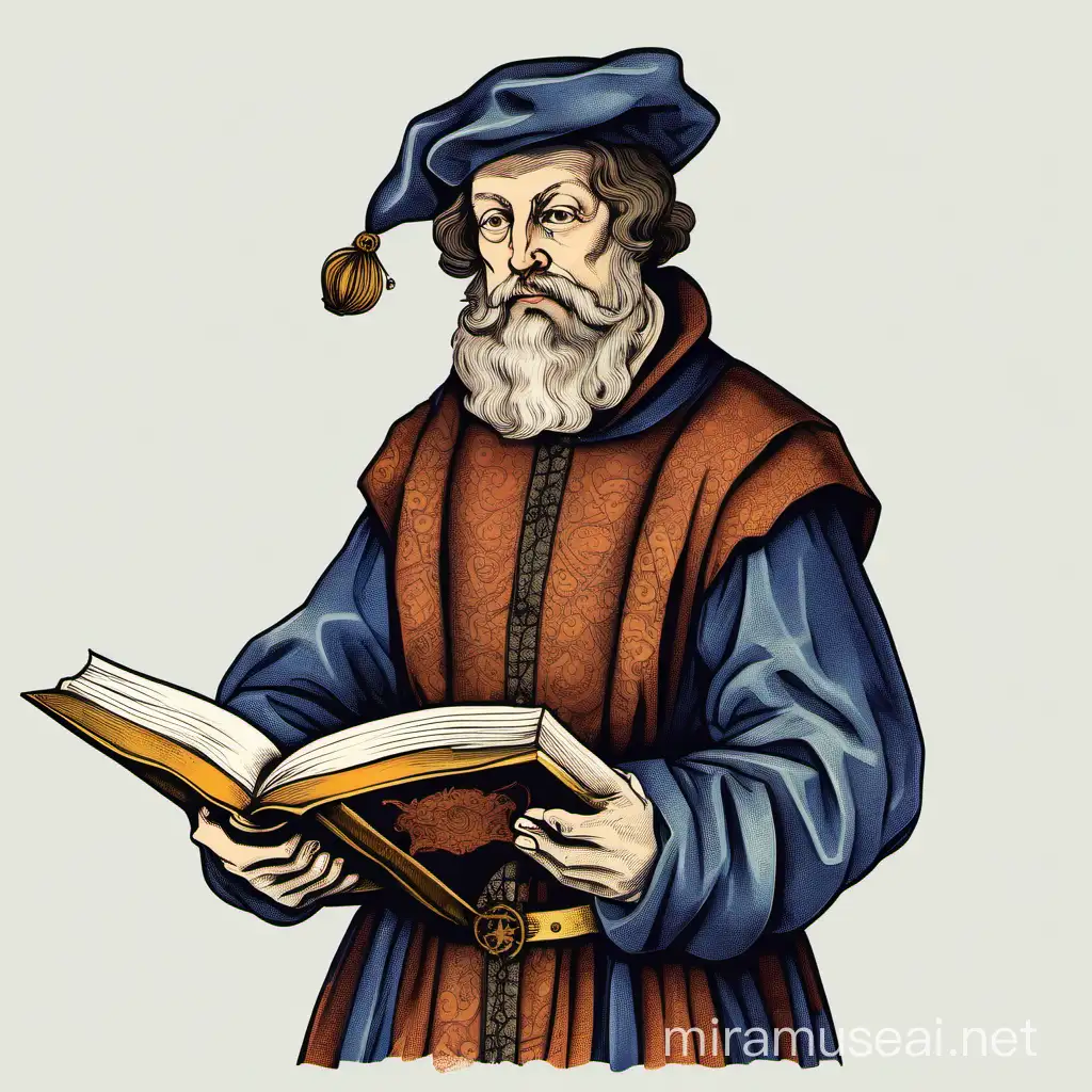 средневековый чиновник лет двадцати пяти, с книгой в руке, на белом фоне, без бороды, арт



