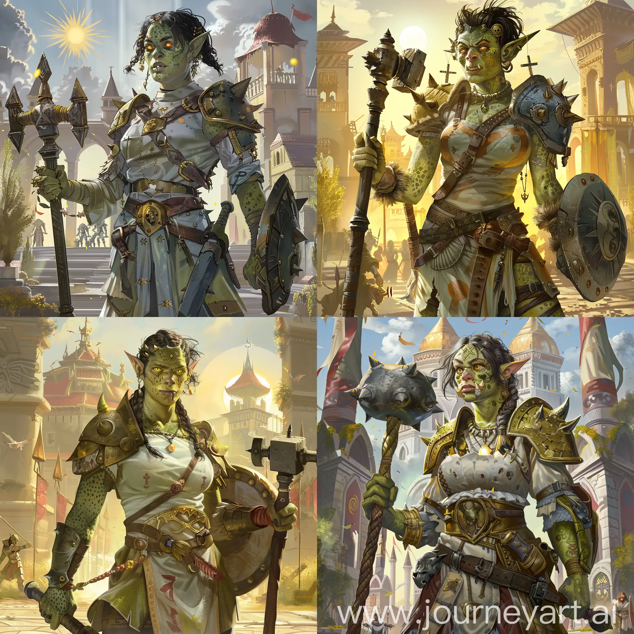 Draw a character from the Dungeons and Dragons universe according to the following description: she is female orc priest, dressed in light medieval warrior clothes. She has a mace and a shield. She has green skin with freckles, yellow eyes, short black hair with little braid. Sharp fangs are visible from under the lower lip. Temple of the solar deity in the background