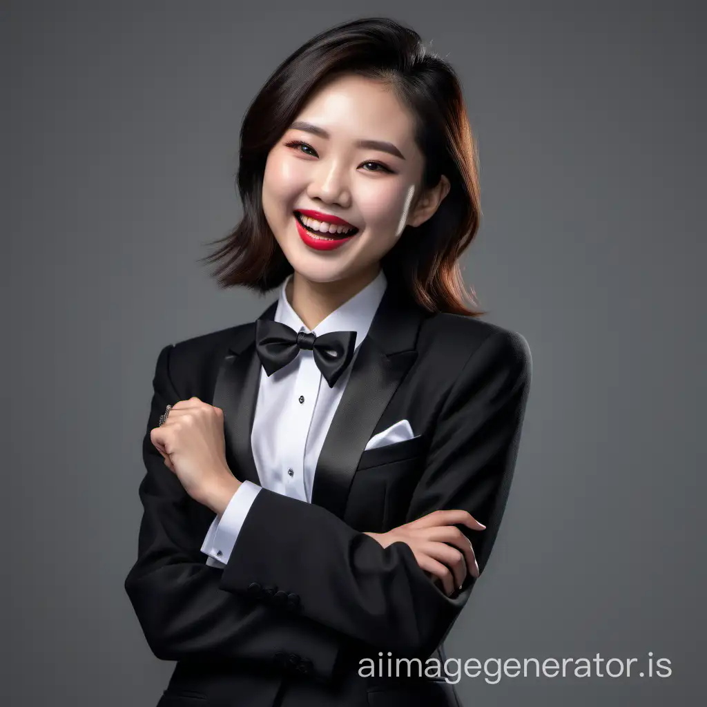 realistic image of a cute and sophisticated and confident Chinese woman with shoulder length hair and lipstick wearing a formal black tuxedo with a white shirt with cufflinks and a black bow tie, folding her arms, laughing and smiling