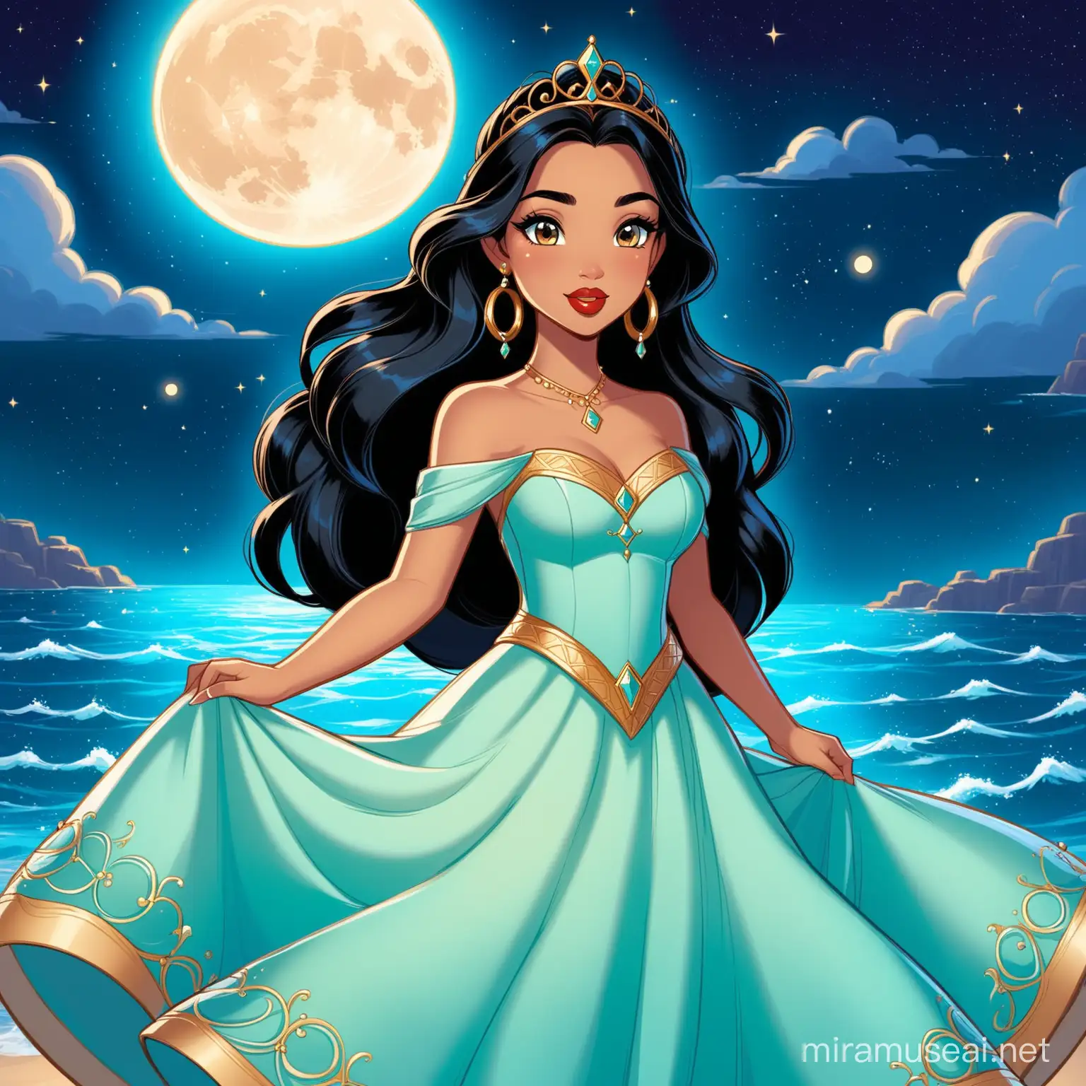 stile Disney cartoon: Jasmine vestita con un abito da principessa, a gonna ampia e vaporosa. ha eyeliner, rossetto rosso e orecchini a cerchio. cielo splende la luna, è notte dietro le sue spalle il mare