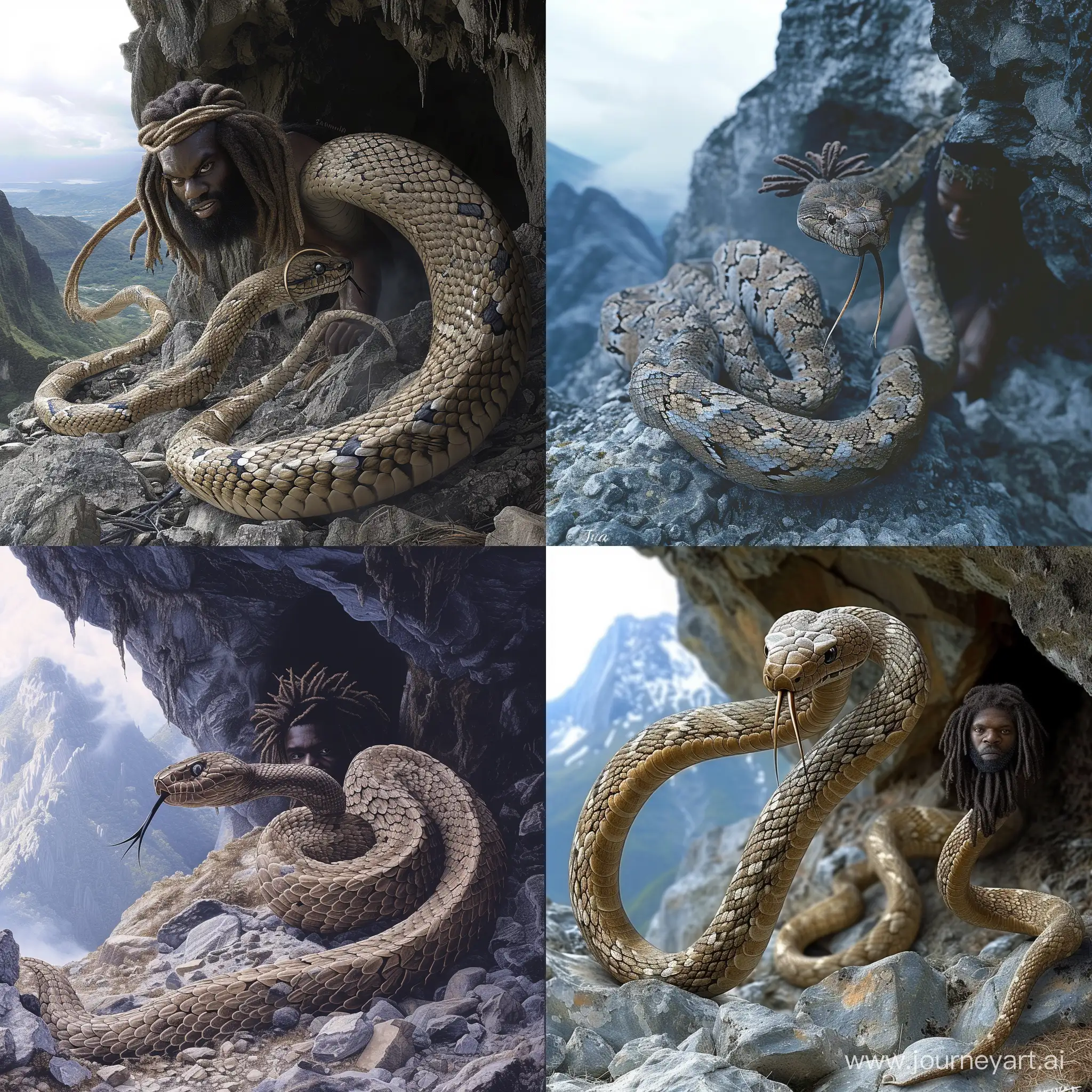 a long snake with a ringed tail but with a face of a dark man with dreadlocked hair, Fijian face, photorealistic, Fijian mountain, cold, coming out of a mountain cave