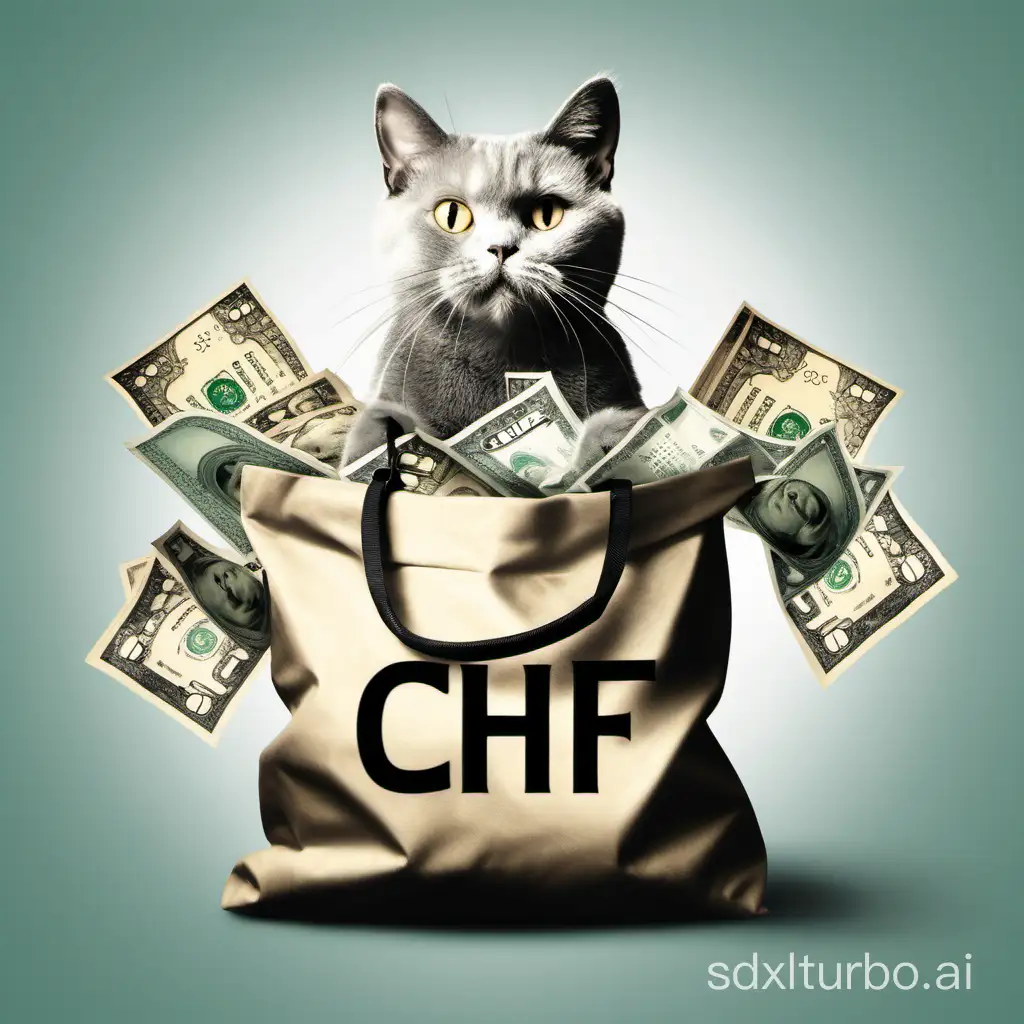 cat carrying a bag of money, bag with "CHF" written on it, some billets reaching out of the bag
