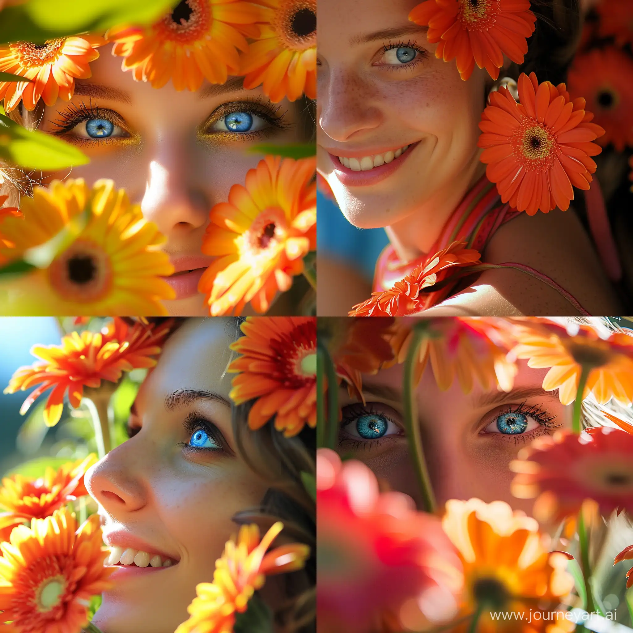Blooming-Gerbera-Flowers-in-Spring-Womans-Blue-Eyes-and-Joyful-Smiles