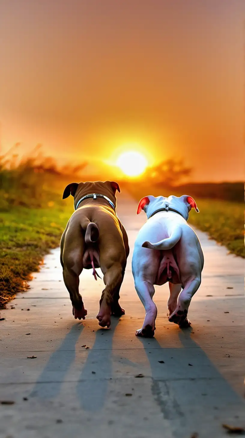 two pitbulls butts walking into the sunset