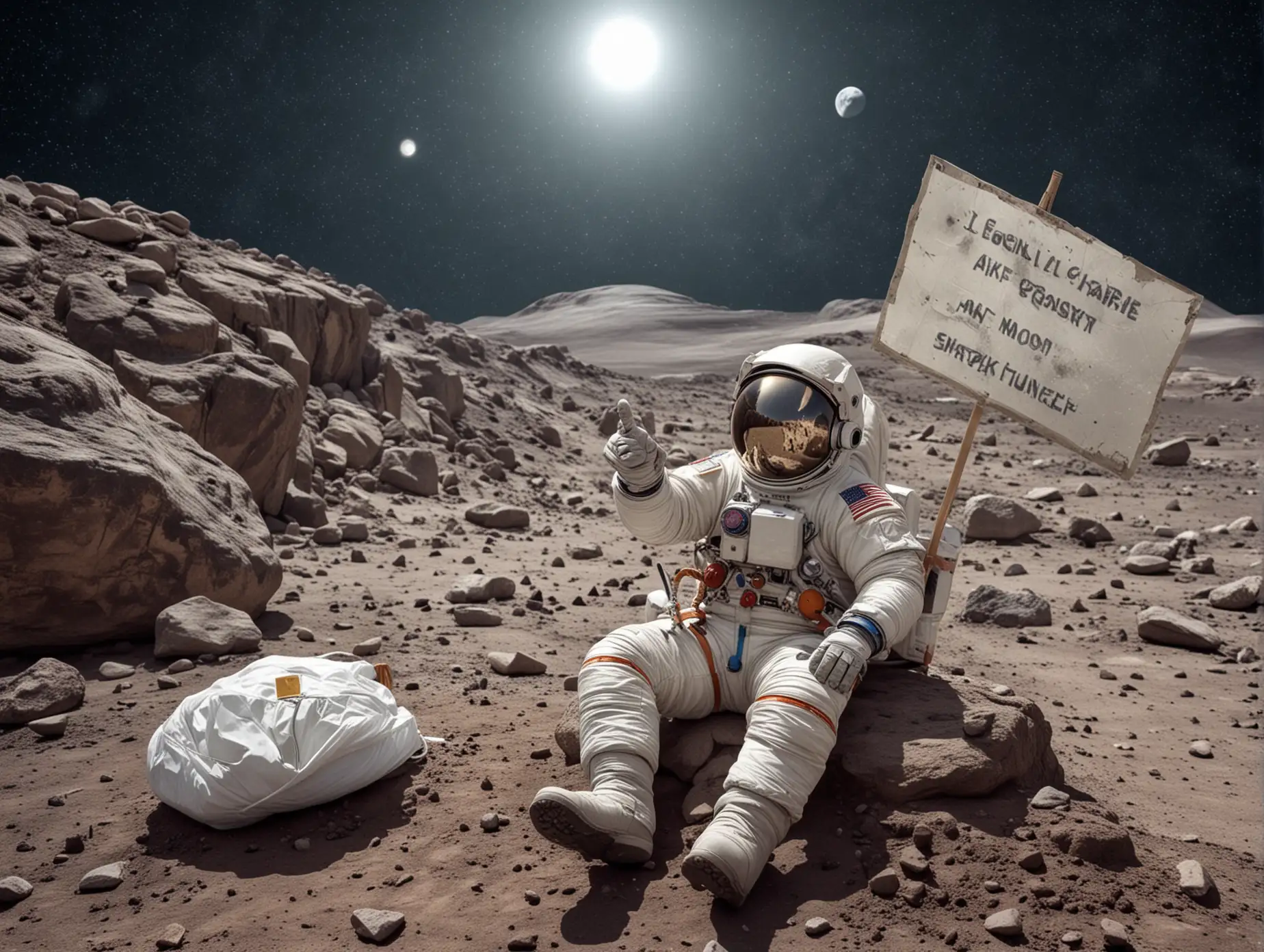 un cosmonaute, en combinaison, est assis sur un rocher sur le sol lunaire, à côté de lui, contre le rocher, un sac à dos avec sac de couchage roulé. L'astronaute lève le pouce pour faire de l'auto-stop, il tient une pancarte sur laquelle est écrit TO THE MOON,  dans l'espace non loin de lui, on voit la terre,  dans la verrière fumée de son casque, on voit les étoiles, comète, photographie, réaliste