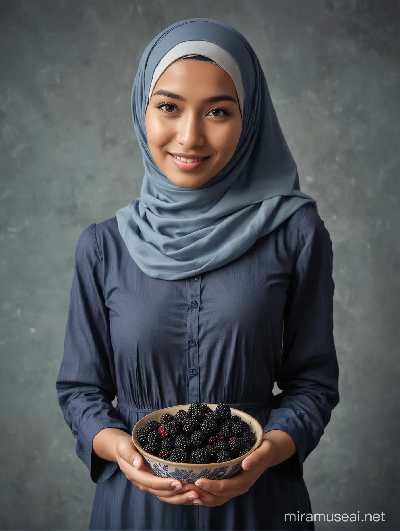 Indonesian Woman in Blue Hijab Holding Bowl of Blackberries