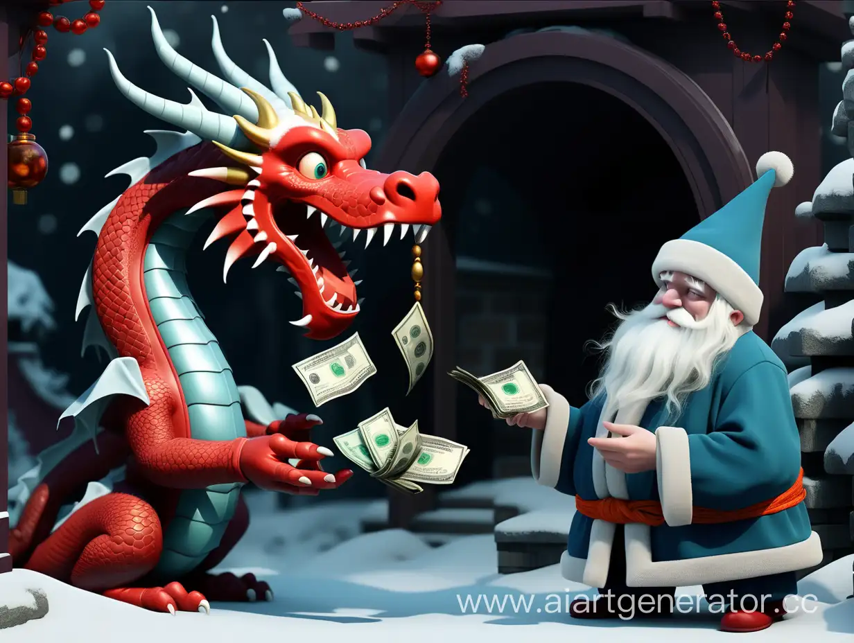 Новогодний дракон дает деньги дед морозу