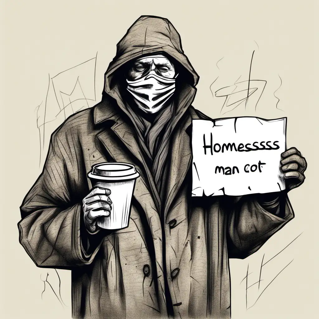 Homelessness man with mask and torn overcoat holding a sign and cup sketch