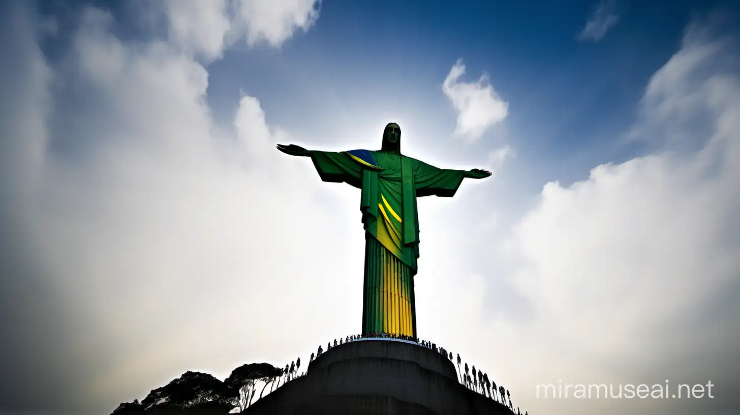 show Christ the Redeemer (statue) at its best shape and with brazil flag a wide angle image showing Christ the Redeemer (statue) at its peak beauty