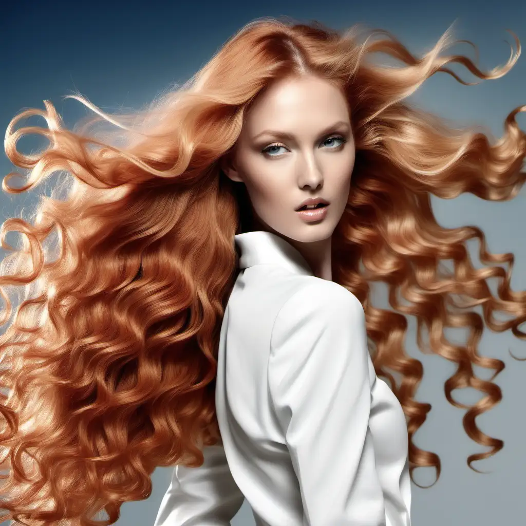 Elegant Model with Flowing Strawberry Blonde Hair on White Runway