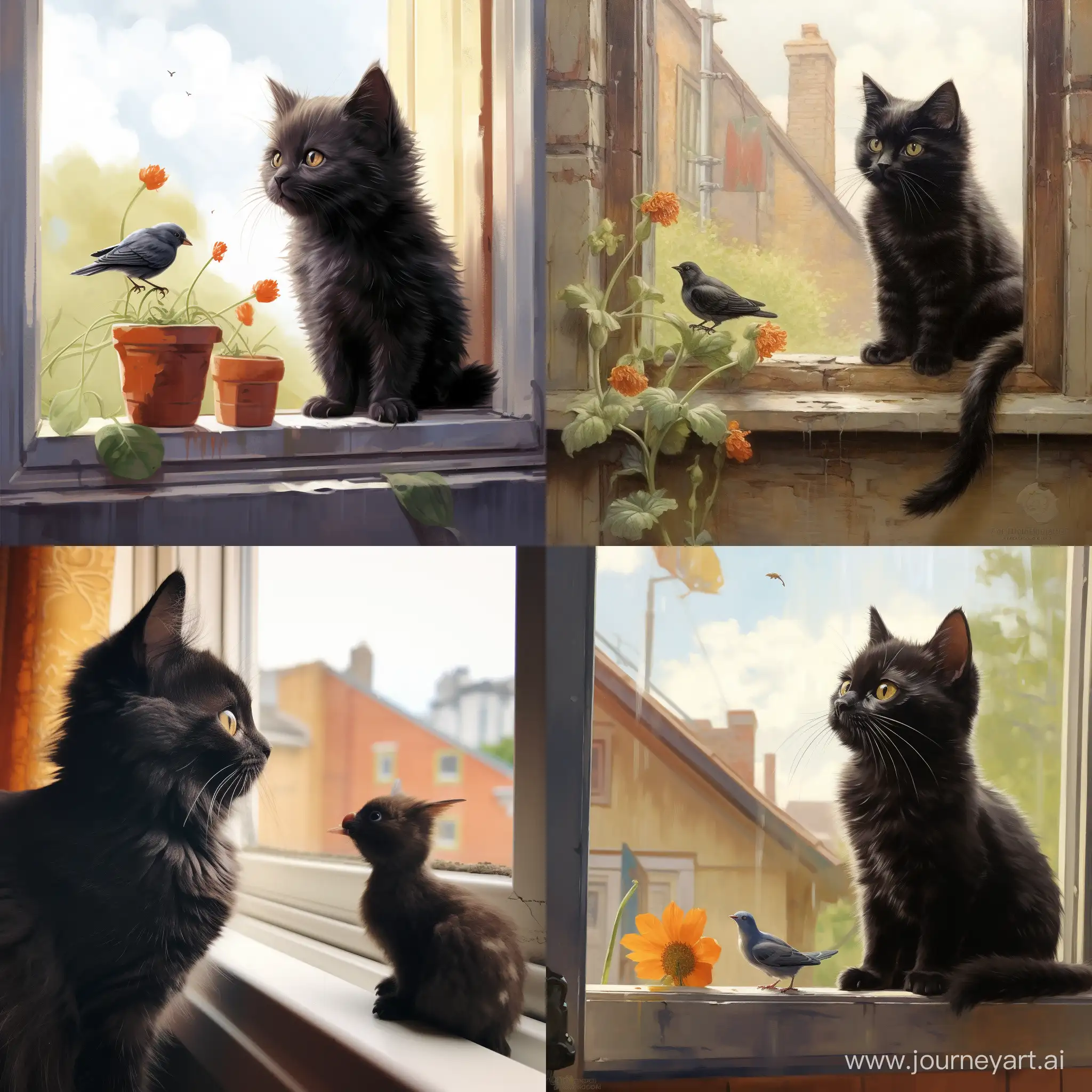 Joyful-Black-Kitten-Observing-a-Crow-from-Windowsill