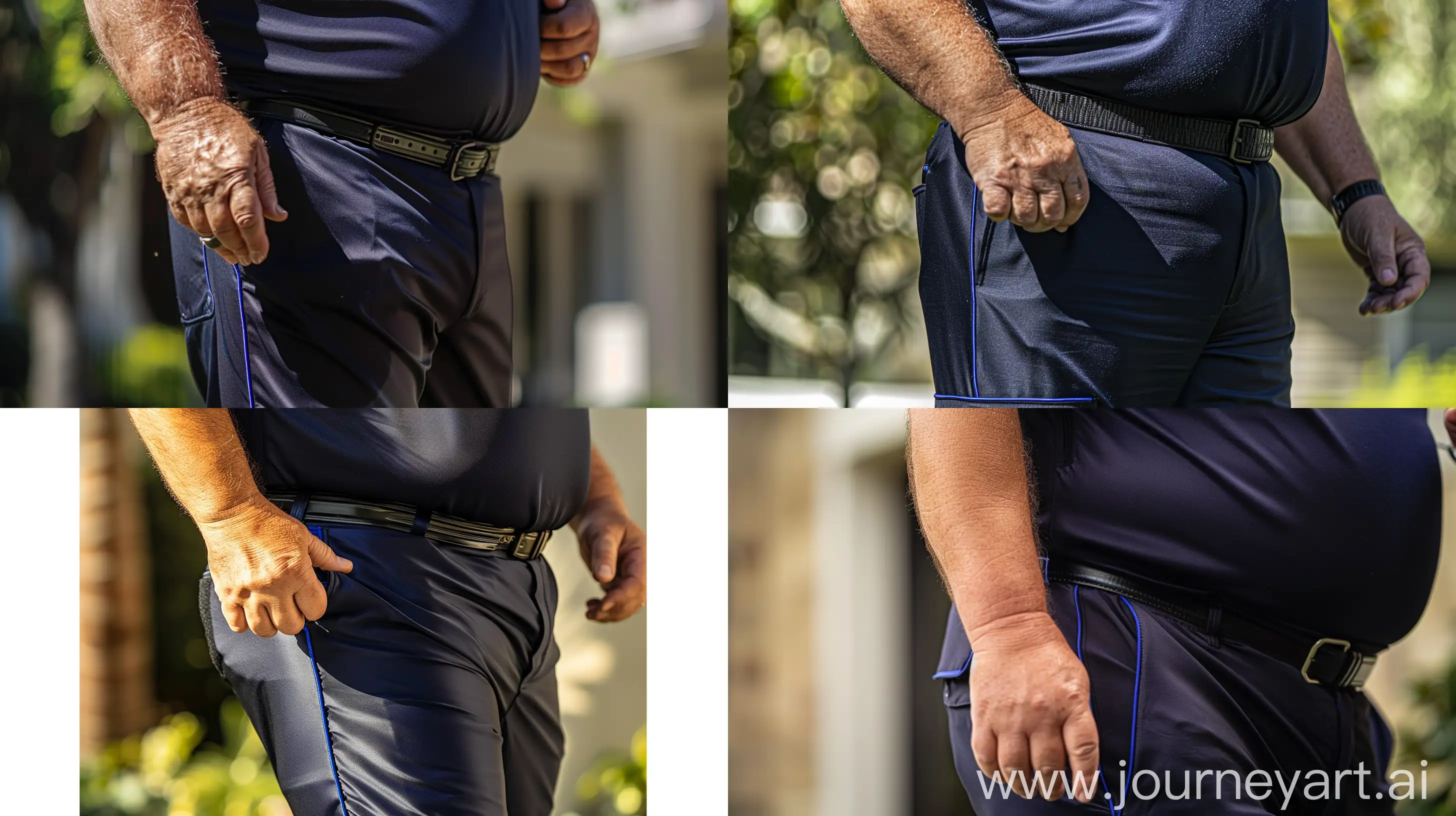 Close-up photo of a fat man aged 60 wearing silk navy blue army pants with a thin royal blue piping on the leg and a tucked in silk navy polo shirt. Black tactical belt. Running. Natural light. --ar 16:9