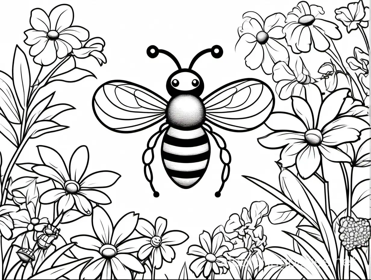 Bee Bonanza: A Buzzworthy Coloring Adventure, Coloring Page, black and white, line art, white background, Simplicity, Ample White Space. The background of the coloring page is plain white to make it easy for young children to color within the lines. The outlines of all the subjects are easy to distinguish, making it simple for kids to color without too much difficulty
