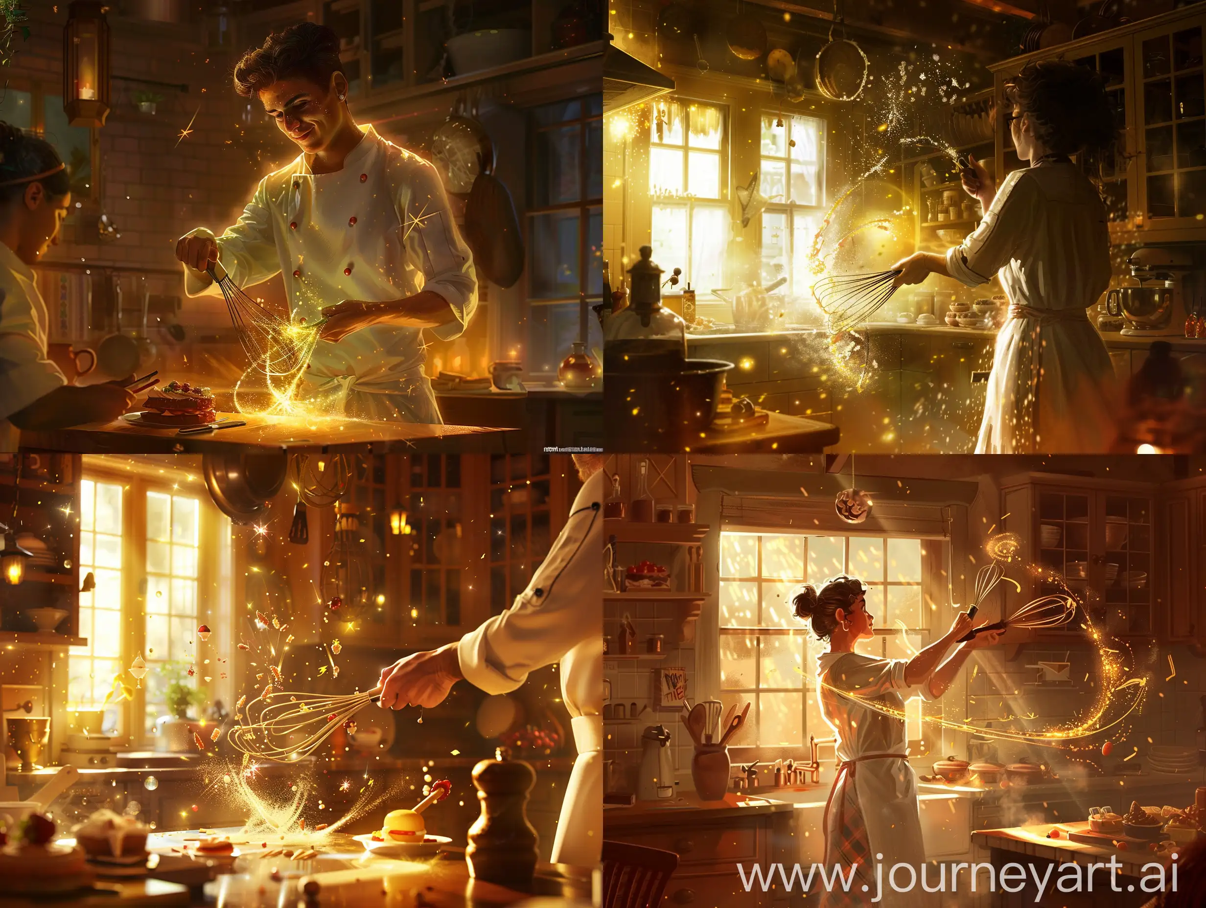 Imagine a cozy kitchen bathed in a warm, inviting hue. In this delightful setting, a talented chef wields a whisk with finesse, captivating the audience with the art of culinary magic. With each graceful movement, the whisk becomes an extension of the chef's imagination, as if casting spells in the air. As the desserts take flight, the room fills with a sense of wonder and anticipation. The onlookers are spellbound, their eyes wide with awe and excitement, as they witness this enchanting performance. Amidst the soothing ambiance of the kitchen, the chef's culinary sorcery creates a truly magical experience for all fortunate enough to be present.