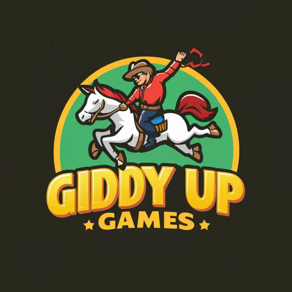 a logo design,with the text "GiddyUp Games", main symbol:Create a fun and festive logo for the annual "GiddyUp Games" event hosted by Touchstone Farm, a nonprofit therapeutic equine facility in New Hampshire. Use the organization's standard colors (yellow hex #fcc647 and green hex #197940) in the design. The event is a horseless horse show or rodeo featuring classes such as inflatable horse races, musical pony noodles, tractorless tractor pulls, and horseless tack races. The logo should capture the playful spirit of the event and be suitable for use on ribbons, prizes, and other swag items. Focus on simplicity for versatility, with a black and white version for ribbons and swag, and a color version for social media and marketing materials. Refer to the provided images for inspiration, aiming for a design that exudes fun and festivity.,Moderate,clear background