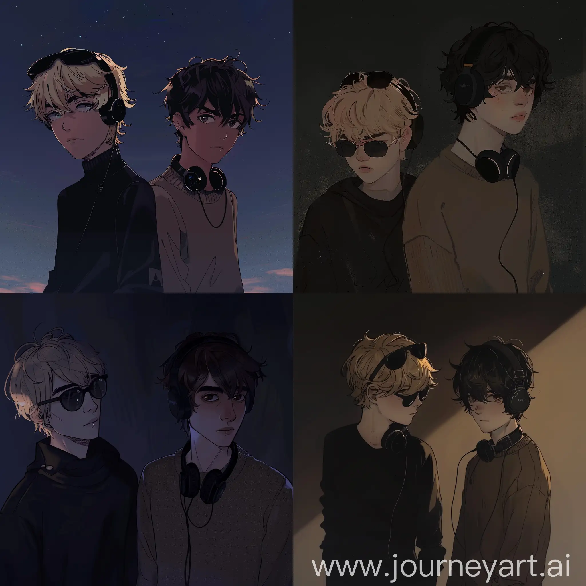 dark theme, night, animated drawing, teenagers, two teenage boys, the first one on the left is blonde with black outfit and having sunglasses on his forehead, the one on the right has dark brown hair wearing a sweater and having a headphones on his neck.