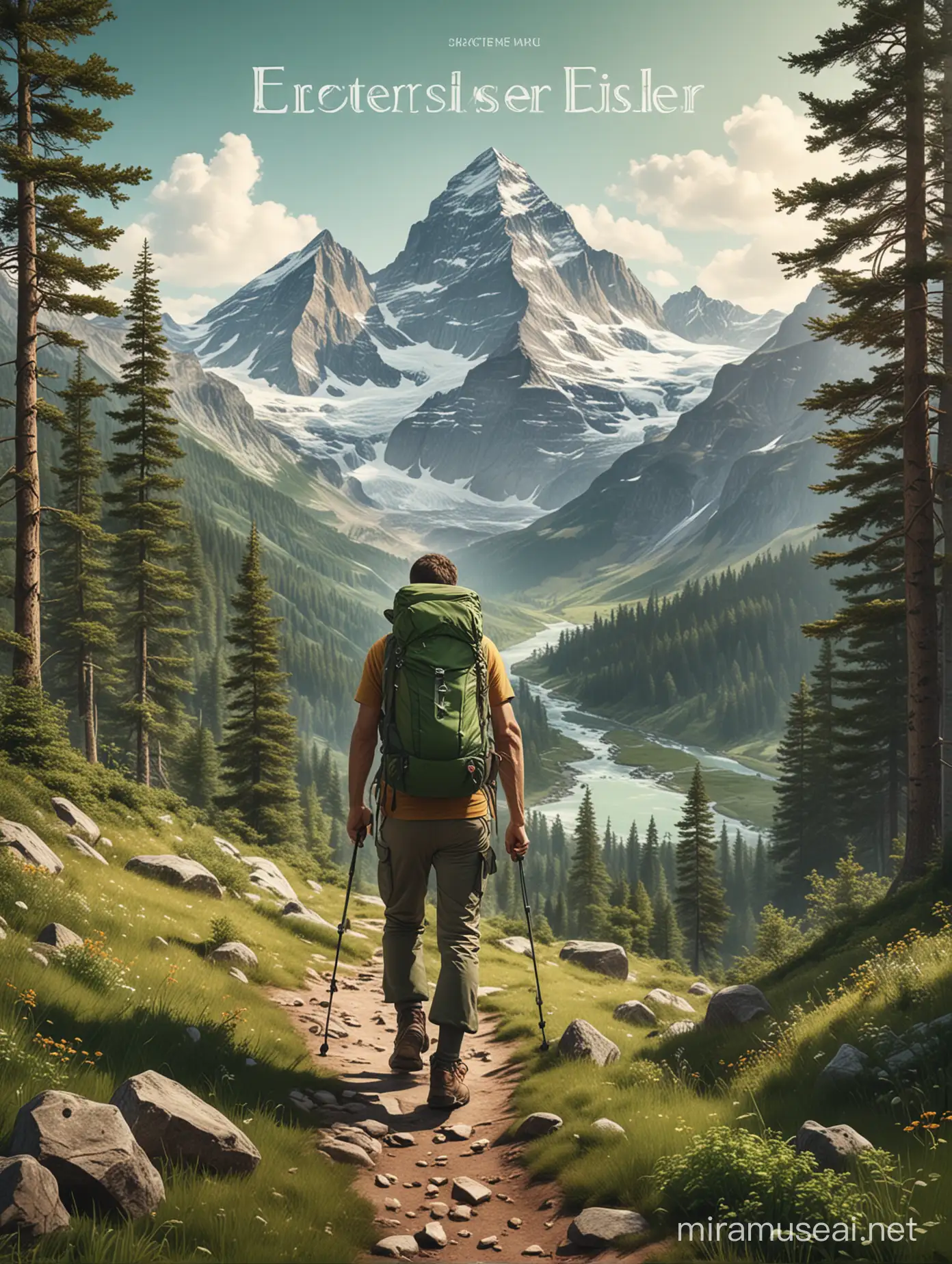 Create an A3 poster with a mountain hiking theme. Include a full-page illustration of a beautiful mountain landscape with green forests and a hiker wearing a backpack and trekking poles in the foreground. The hiker should be wearing an iconic Eiger backpack. Include the Eiger logo at the top of the poster. Use vibrant, natural colors to evoke a sense of adventure. Optionally, add typography that says 'Explore the Unseen' in a complementary font at the bottom.