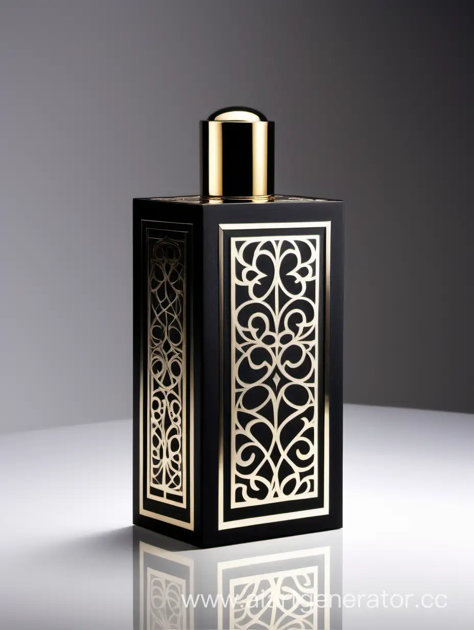 Elegantly-Designed-Luxury-Perfume-Black-Box-with-Arabesque-Pattern-on-White-Background
