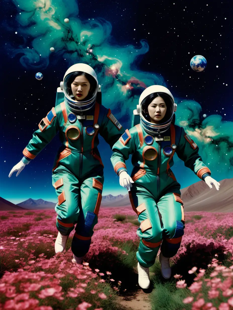 two chinese women wearing haute couture space suits flying through a smattering of colorful cosmos with jasmine, dark green and blue, cinematic, wes anderson color palette, 35 mm