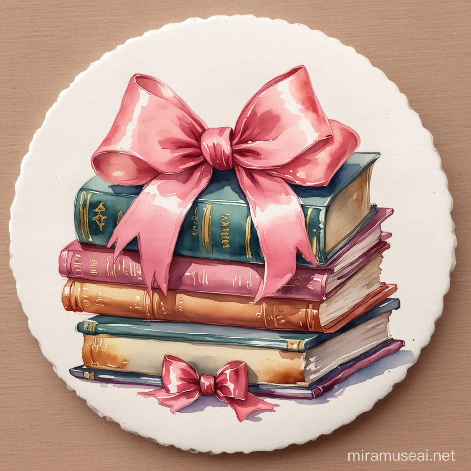 Watercolor Illustration Sticker Coquette Book with Vintage Stacked Books and Pink Bow