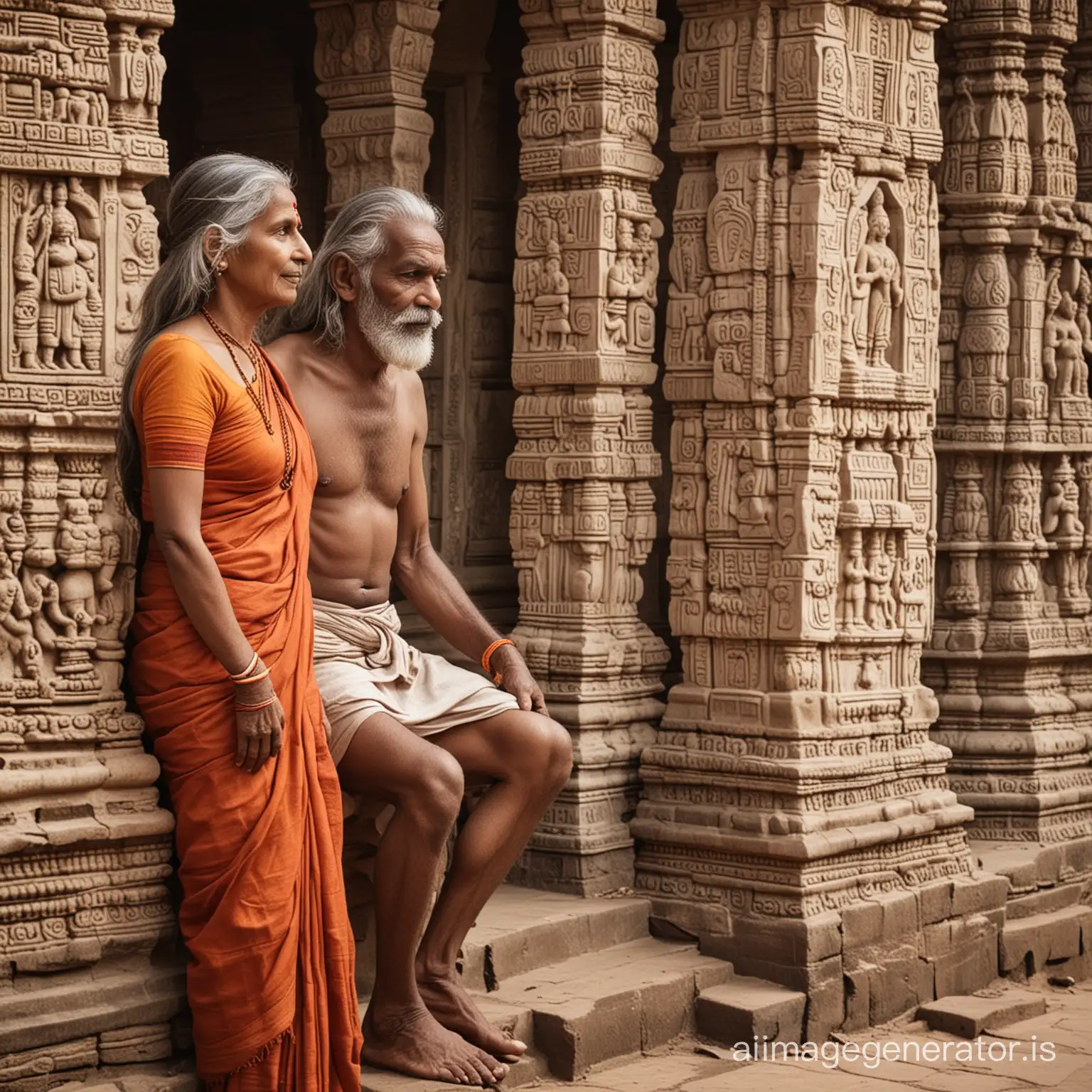 indian shiva devote old man and a women near a temple