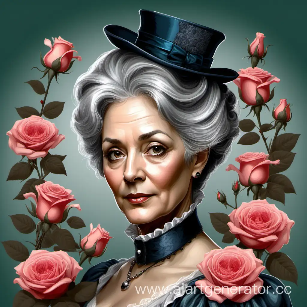 Drawing of a woman 48 YEARS old with grey hair, BEFORE A BUNCH OF ROSES, Victorian costume, digital painting, by Neil Glane, trending on pixabay, styled by Stanislav Vovchuk, full colour illustration, beautiful illustration