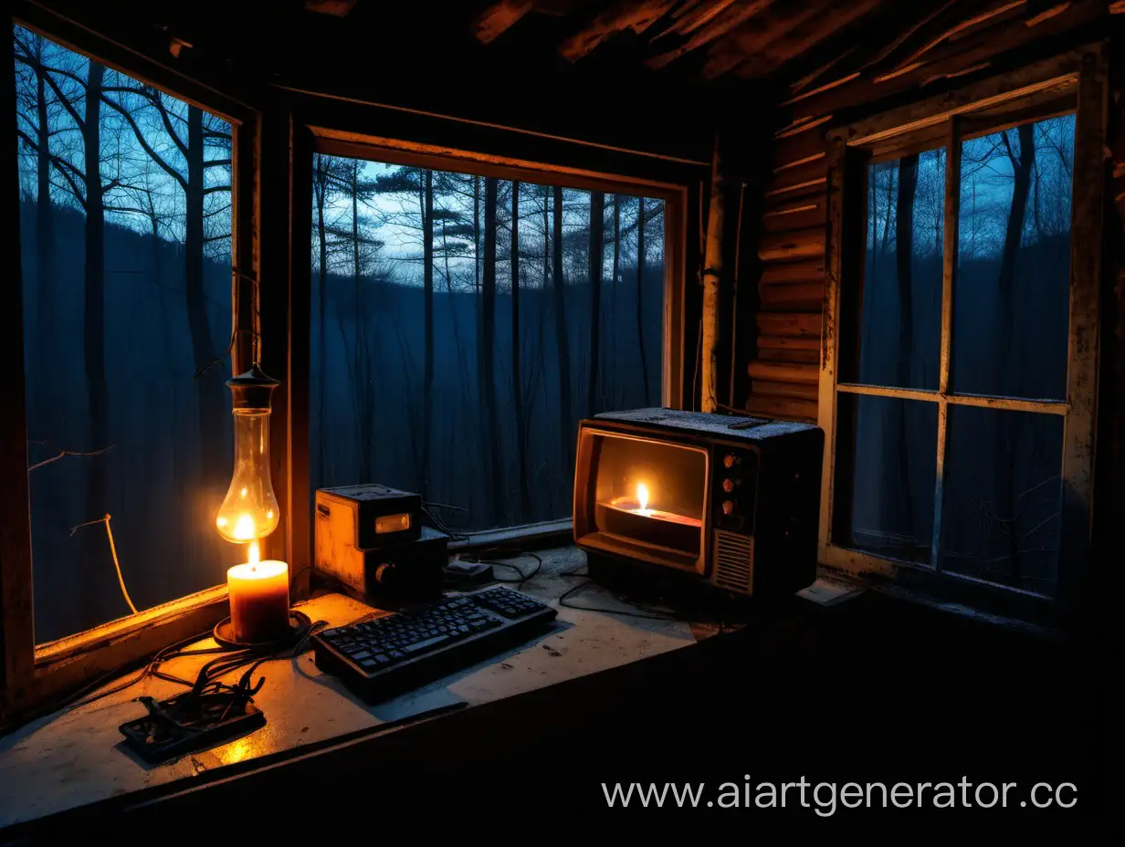 Rustic-Forest-Cabin-Interior-at-Night-with-Vintage-Computer-and-Candlelight
