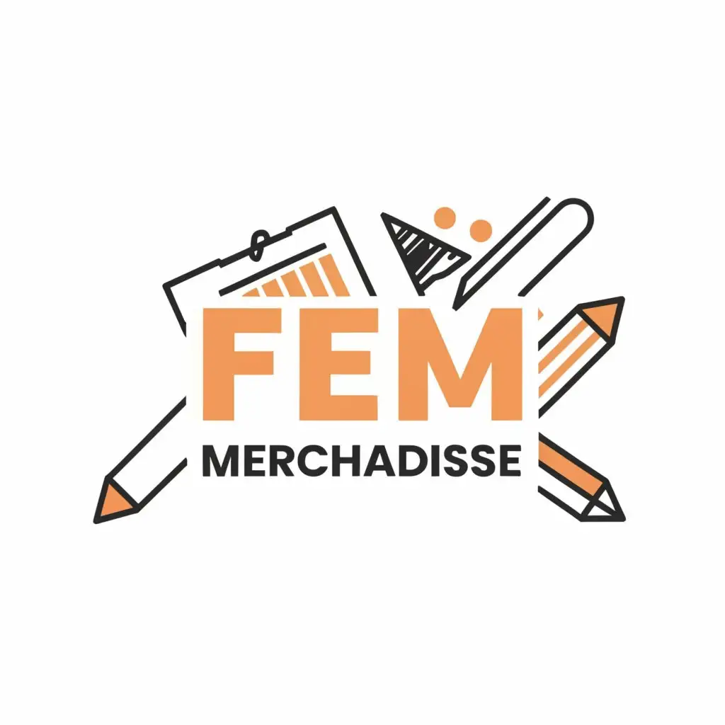 a logo design, with the text 'Fem Merchandise', main symbol: Note Books, scissor, ruler, pencils, Moderate, clear background