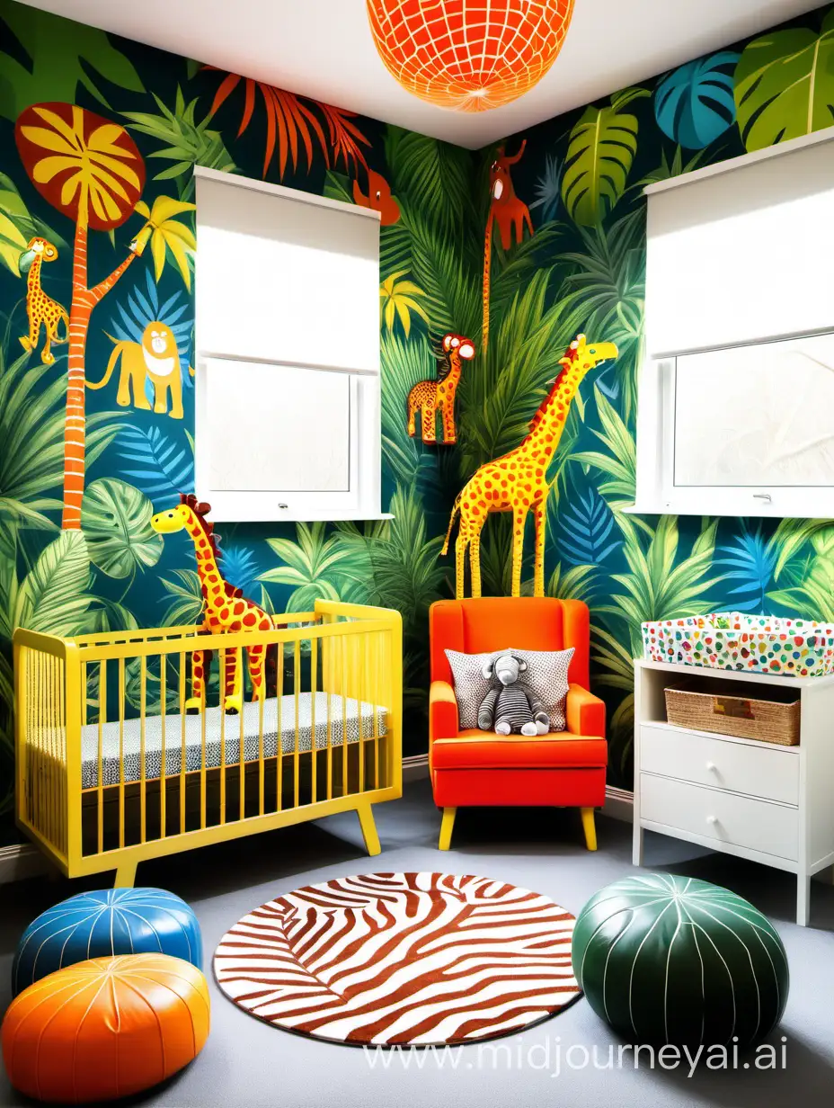 Boy nursery room, decorated in colourful funky jungle style, carpeted floor 
