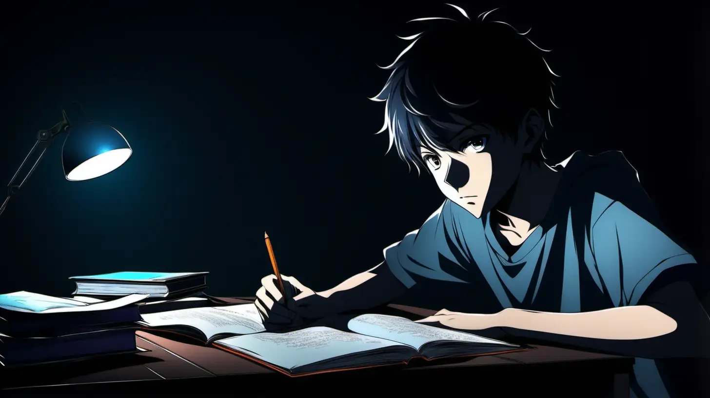 A teenager boy studying in a dark room, anime style
