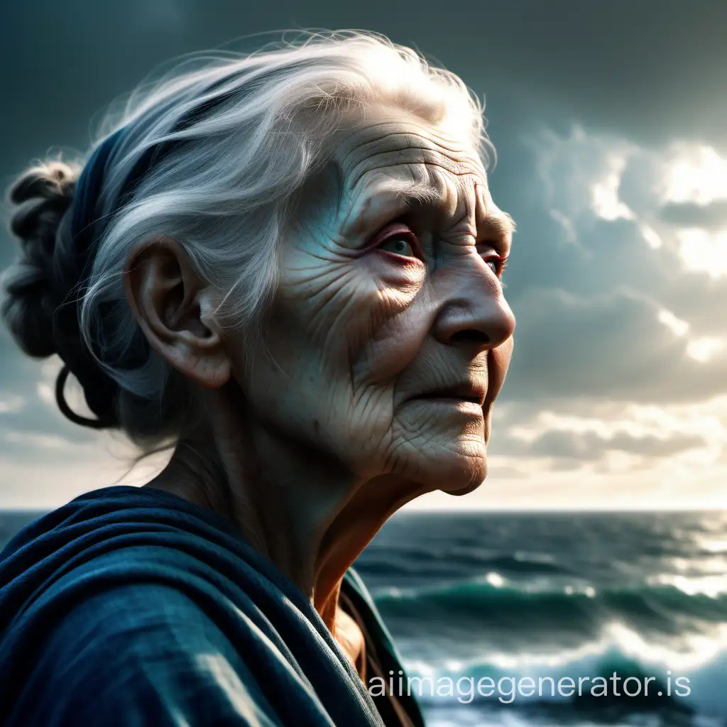 In this image, we see a realistic and enchanting old woman serving as an avatar. Her face exudes natural beauty and expressiveness, with subtle details that add depth and personality. Her gaze is filled with curiosity and self-assurance, reflecting inner strength and determination. In the background stretches a wide ocean, symbolizing potential, freedom, and infinity. This scene not only captures the beauty of the feminine nature but also suggests inner strength and a connection with nature.

