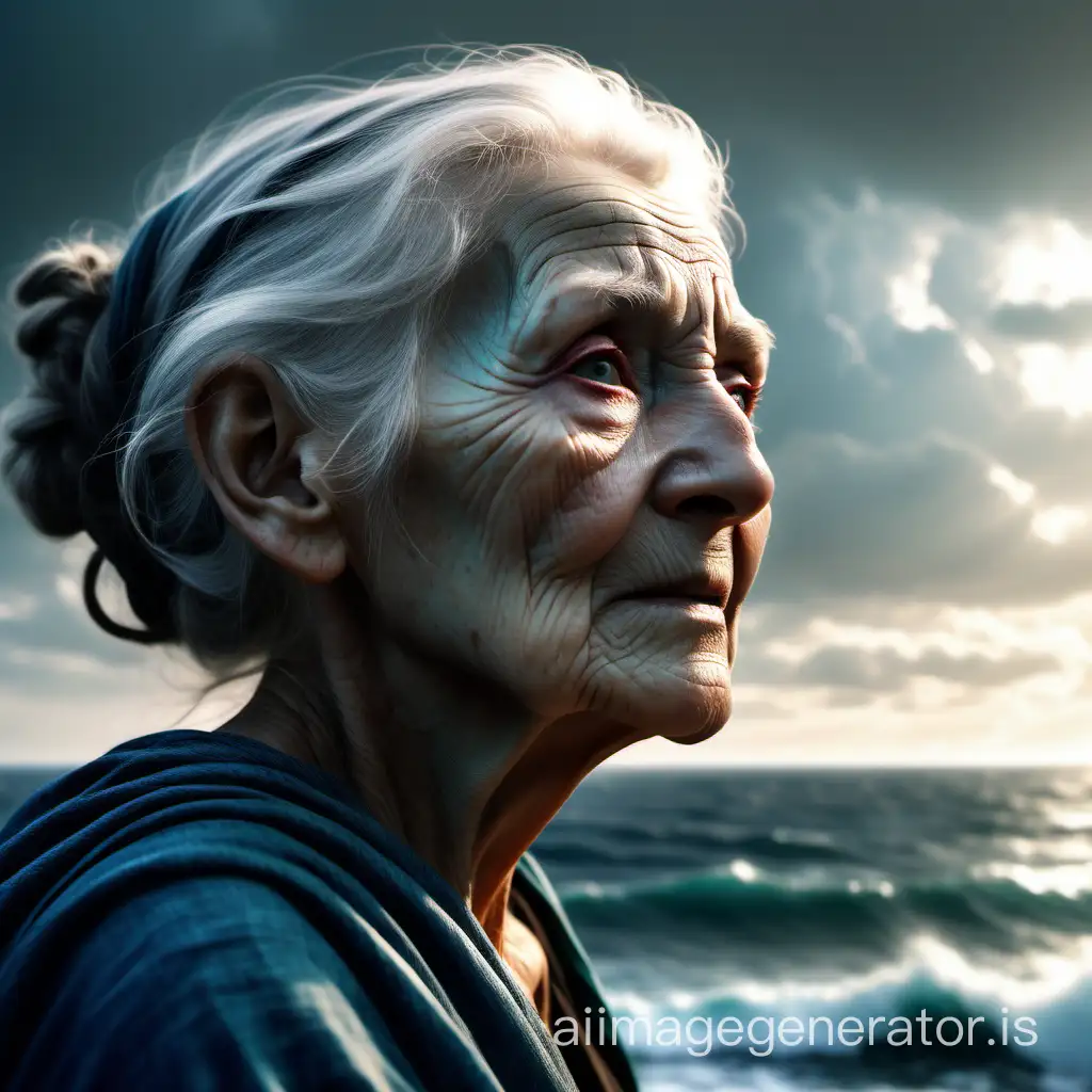 In this image, we see a realistic and enchanting old woman serving as an avatar. Her face exudes natural beauty and expressiveness, with subtle details that add depth and personality. Her gaze is filled with curiosity and self-assurance, reflecting inner strength and determination. In the background stretches a wide ocean, symbolizing potential, freedom, and infinity. This scene not only captures the beauty of the feminine nature but also suggests inner strength and a connection with nature.