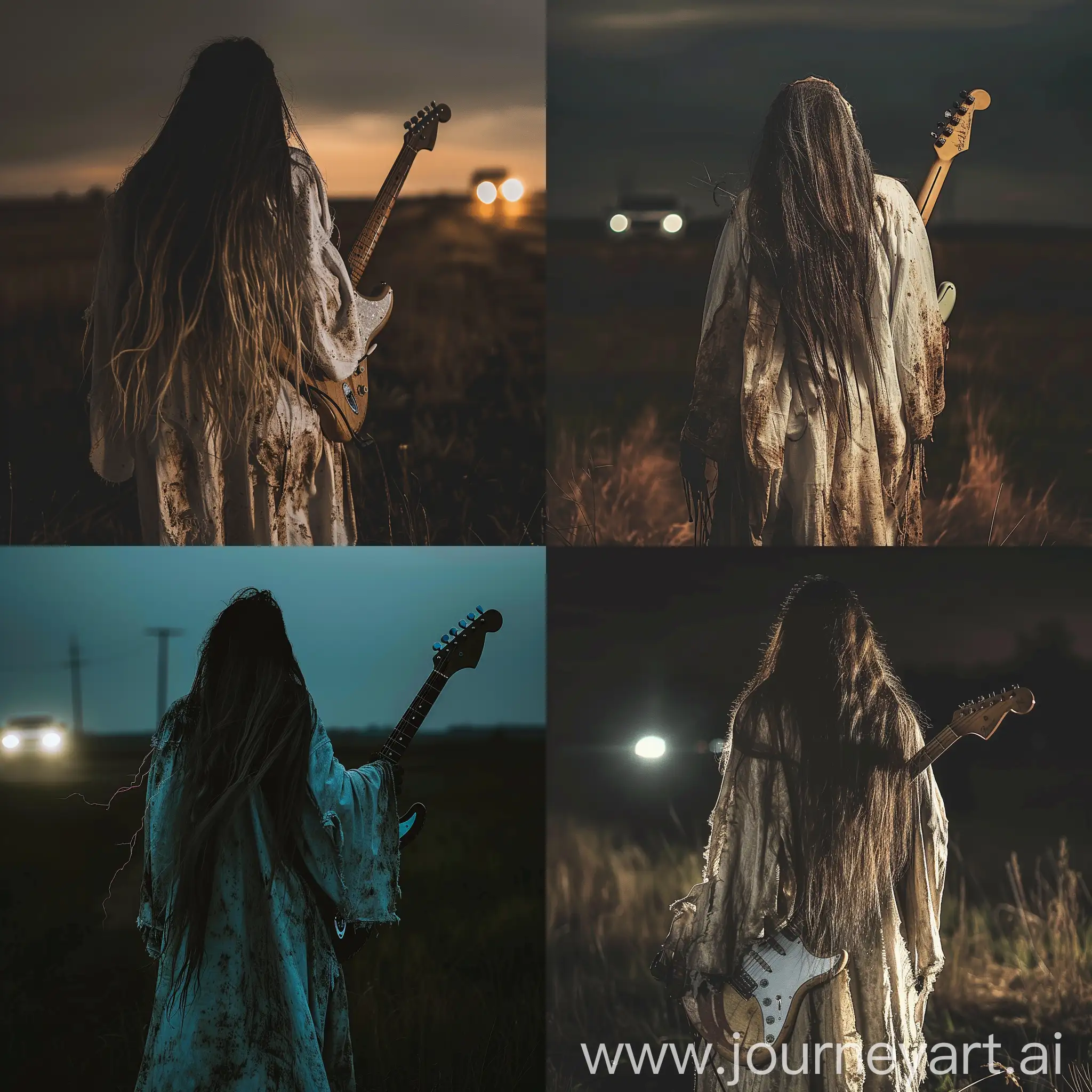 A person resembling a ghost, with long hair, in the darkness, in a creepy field, back to the camera, wearing a white eerie dirty robe, holding a superstrat electric guitar. Creepy filter, darkness, light from headlights