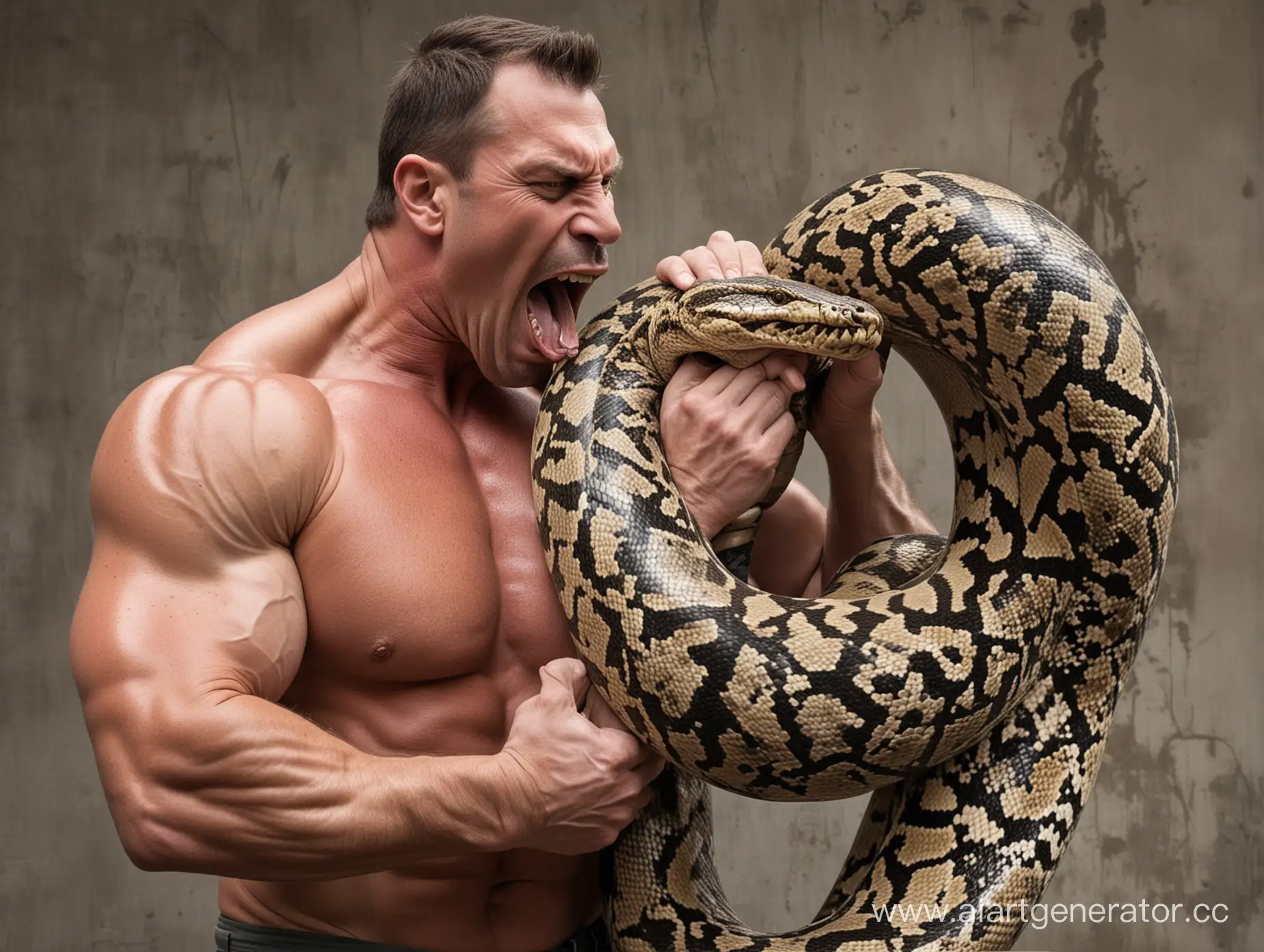 Muscular-Man-Struggles-Against-Giant-Python-in-Gripping-Encounter