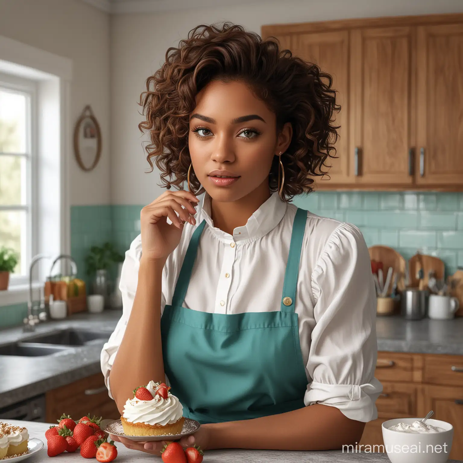 Exquisite Culinary Artistry Curly Haired Woman with Golden Highlights and Teal Apron