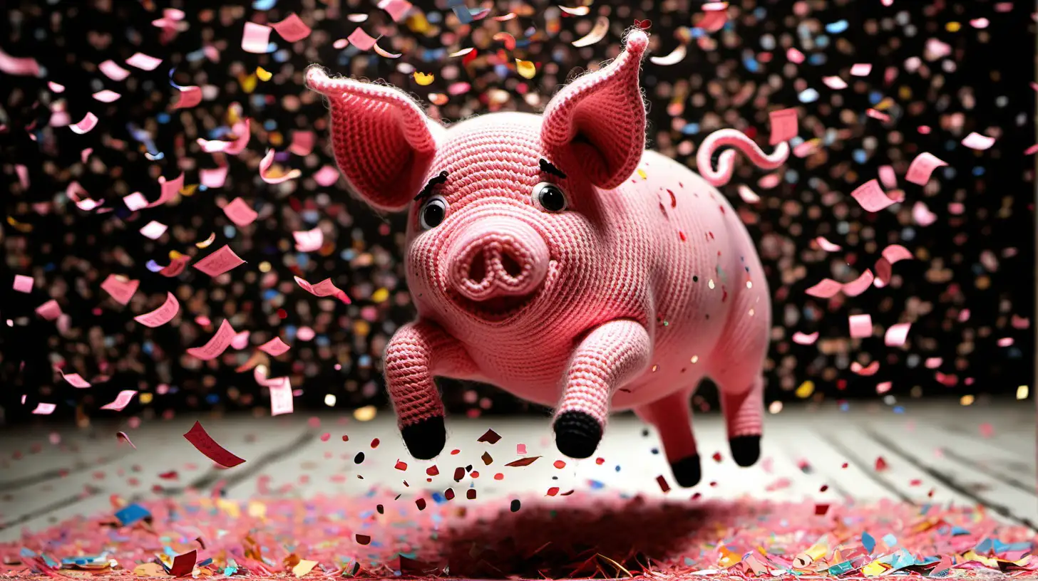 imagine/  crocheted pig jumps with joy, showering confetti all around.